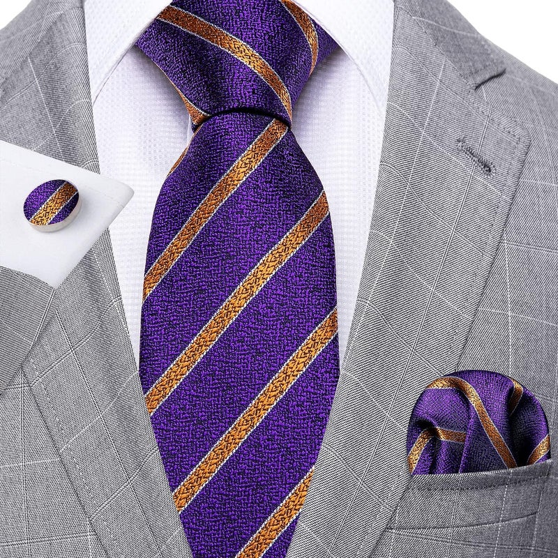 Barry.Wang Store Tie Sets for Men Silk Stripe Necktie Woven Checkered Handkerchief Cufflinks Formal Business Wedding - Image 3